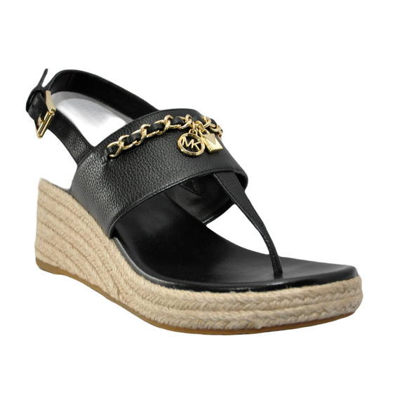 Michael Kors Elsa Leather Wedge Thong Sandal Charm Logo Black 6/6.5/7/7.5 Nib - Picture 1 of 8